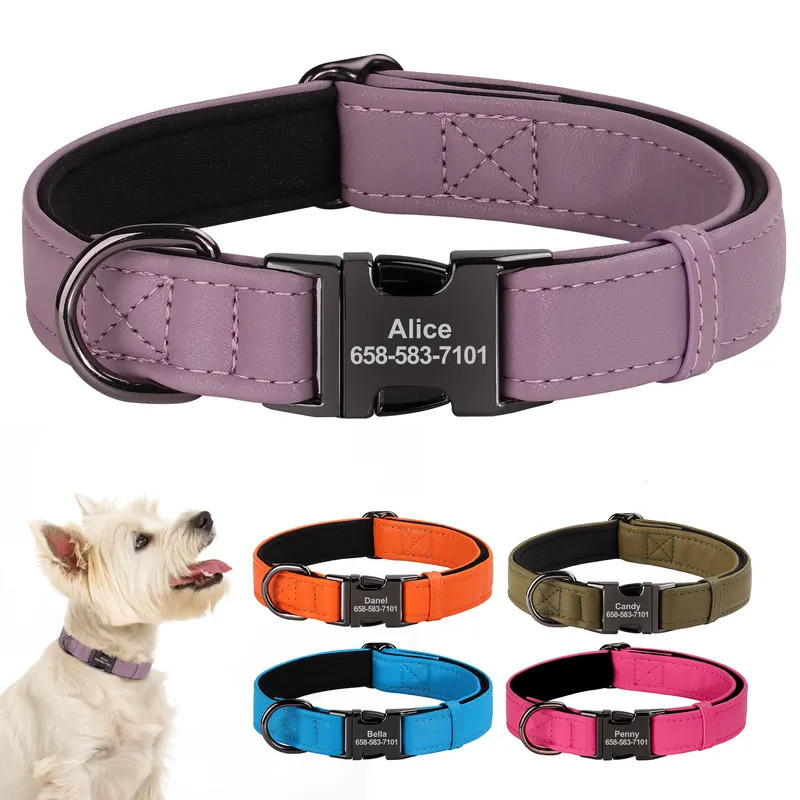 Custom PU Leather Dog Collar Soft Padded Puppy Dogs Collars Engraved Pet ID Necklace for Small Medium Large Dogs 2025 Ne