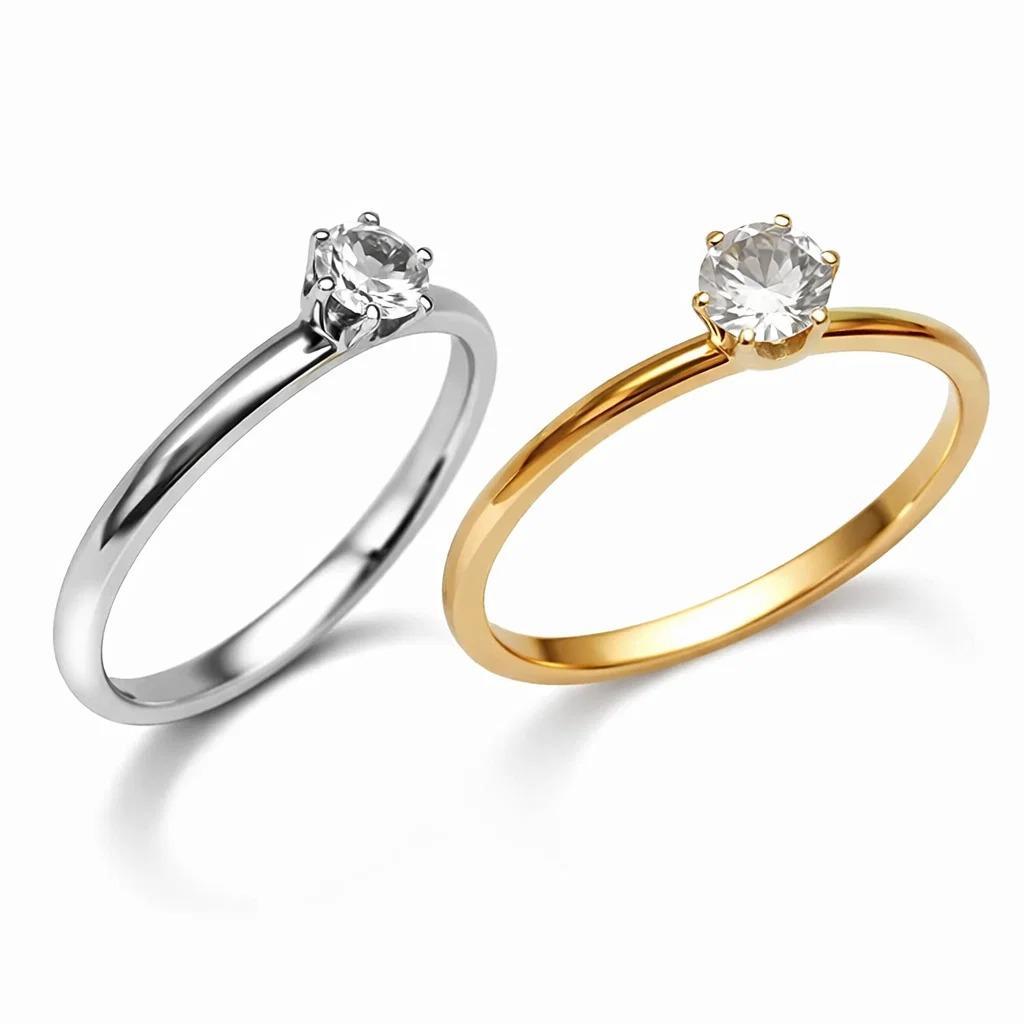 Kit 2 Peças Anéis Solitários Femininos Aço Inoxidável Cores Prata e Dourado, Elegantes e Duráveis