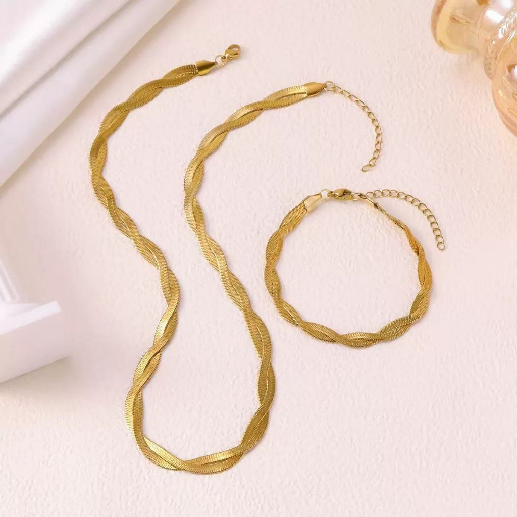 Conjunto Colar e Pulseira Trançados Cor Prata e Dourado Aço Inoxidável Feminino