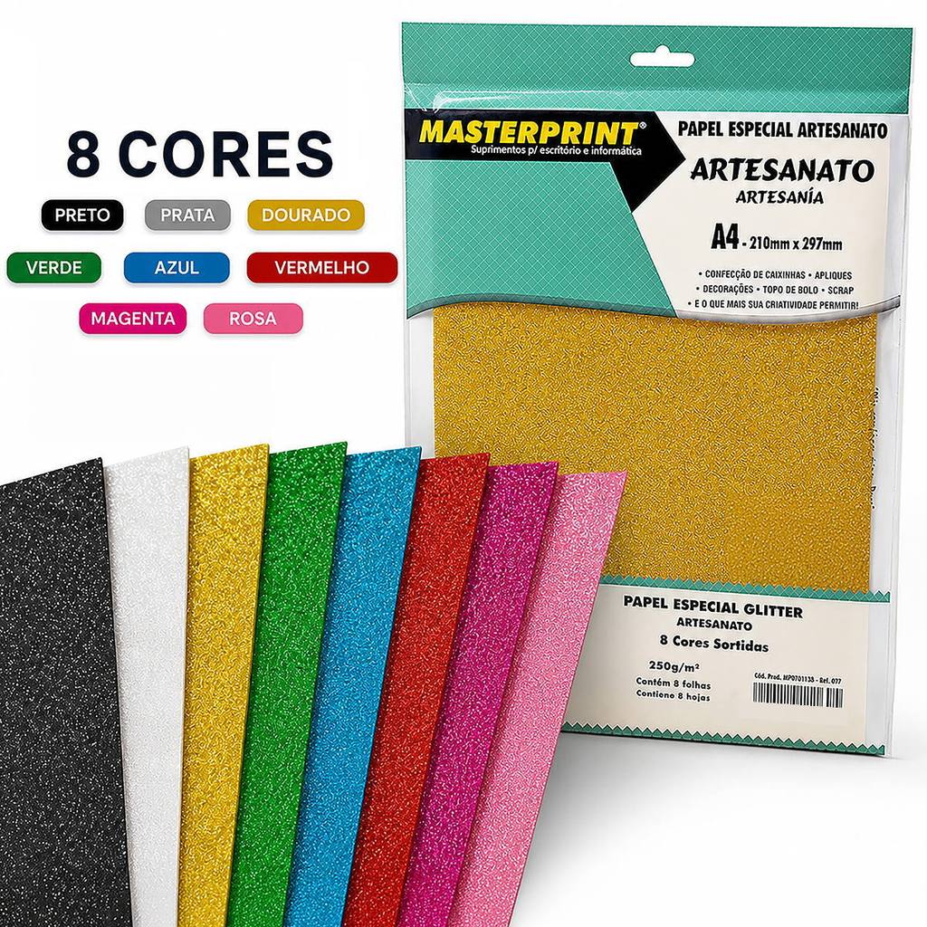 Kit 8 Cores Papel Glitter A4 250g Azul Dourado Prata Preto Rosa Verde Vermelho 8 x 10Fls Masterprint