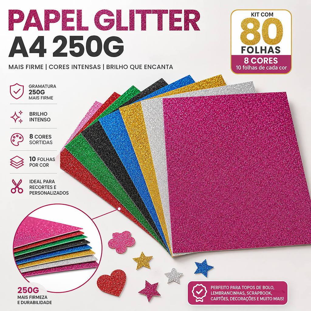 Kit 8 Cores Papel Glitter A4 250g Azul Dourado Magenta Preto Prata Rosa Verde Vermelho 10Folhas Cada
