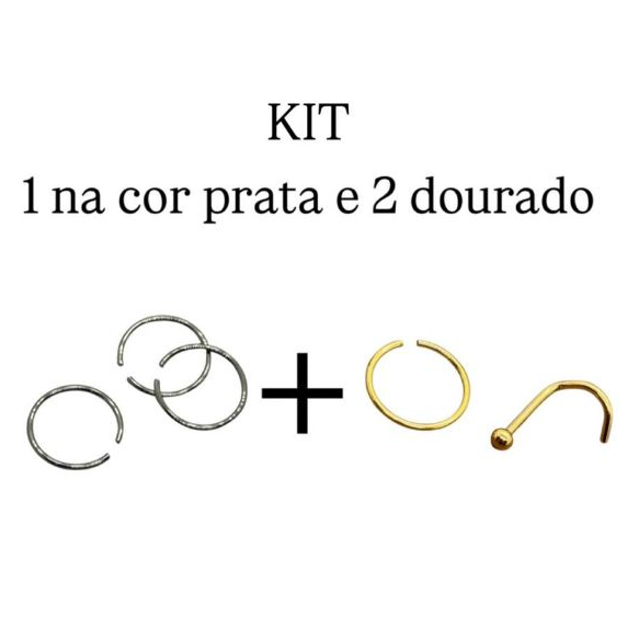 kit piercing de nariz 3 unidades 1 cor prata e 2 cor dourada presente