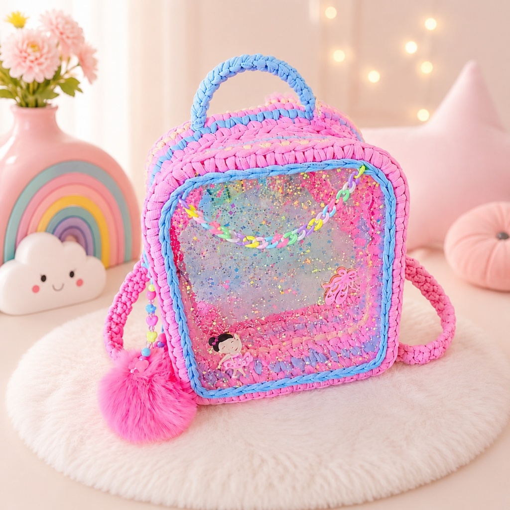 Kit Base Acrílica Bolsa Mochila Infantil Purpurina Fio de Malha Artesanato croche