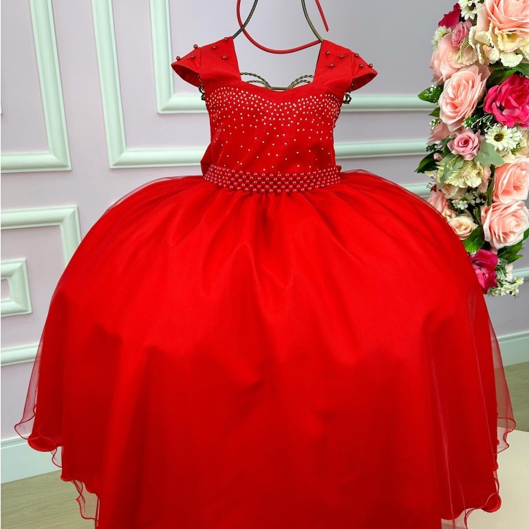 Vestido gio Longo Valentina Vermelho Infantil Casamento Formatura Social Daminha Baile 15 Festa Florista Noivinha