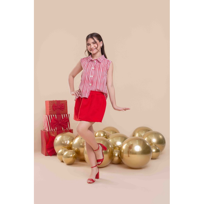CONJUNTO GIO INFANTIL/JUVENIL SHORT SAIA + CAMISA LISTRADA VERMELHO MENINAS