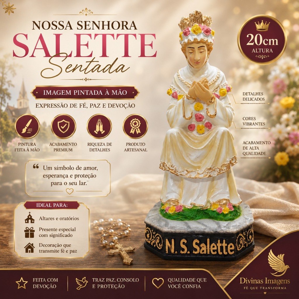 Imagem Nossa Senhora Salette Sentada 20cm Gesso Premium Pintado Mãe que Acolhe e Consola