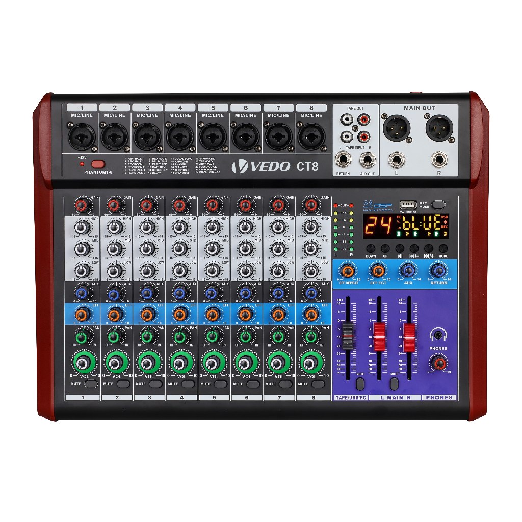 VEDO Mesa De Som 8 Canais Bluetooth Consolas e Placas Digitais Gravacäo USB Flash Drive/OTG 24DSP Phantom De 48V Bivolt