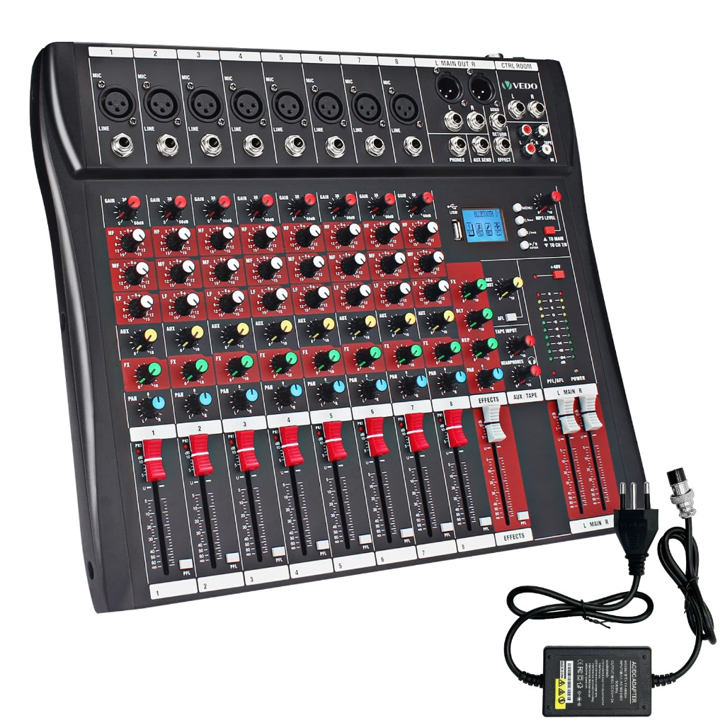 VEDO Misturador de áudio profissional de 8 canais Consola de mistura de som portátil Interface USB Digital MP3 Entrada