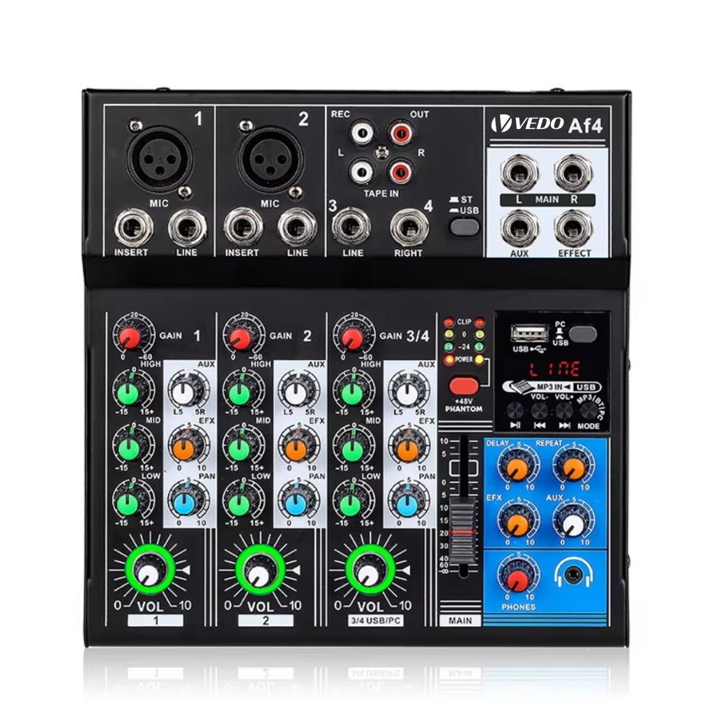 VEDO AF4 Mixer Misturador analógico Placa de som digital fundida 4 canais Definições de funções personalizadas Consola