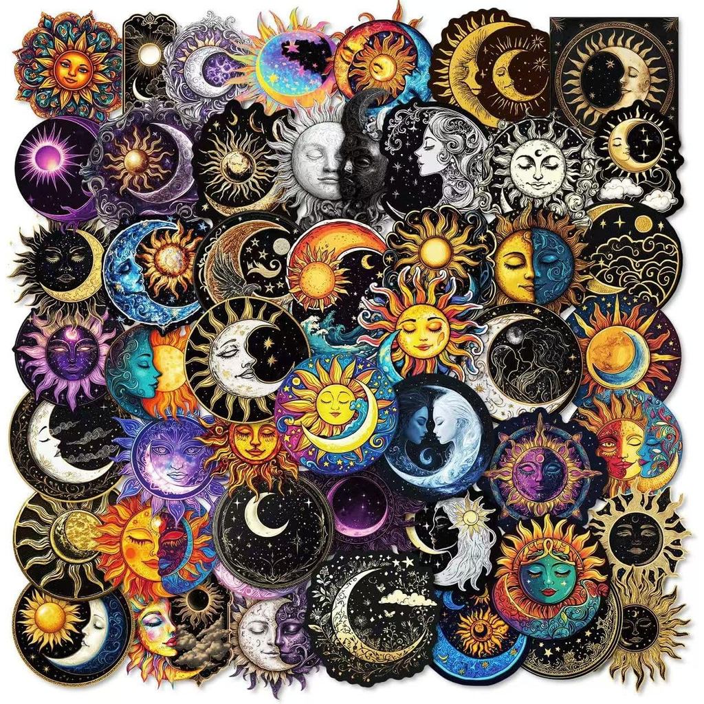 50 Pcs Creative Black Moon and Sun Graffiti Stickers for Scrapbook, Journal, Laptop, Water Bottle, DIY Crafts