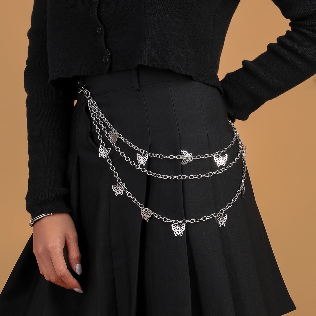 Mulheres Punk Borboleta Cintura Corrente Em Camadas Hip Cinto Jeans Saia Chaveiro Streetwear Prata