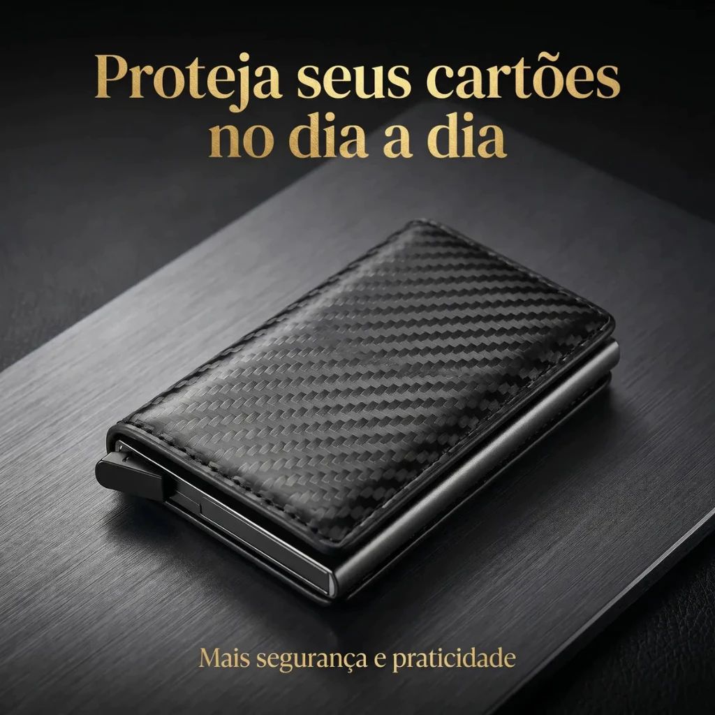 Carteira RFID de Fibra Carbon Fiber RFID Wallet-Automatic Pop-Up Card Holder with Anti-Theft Protection