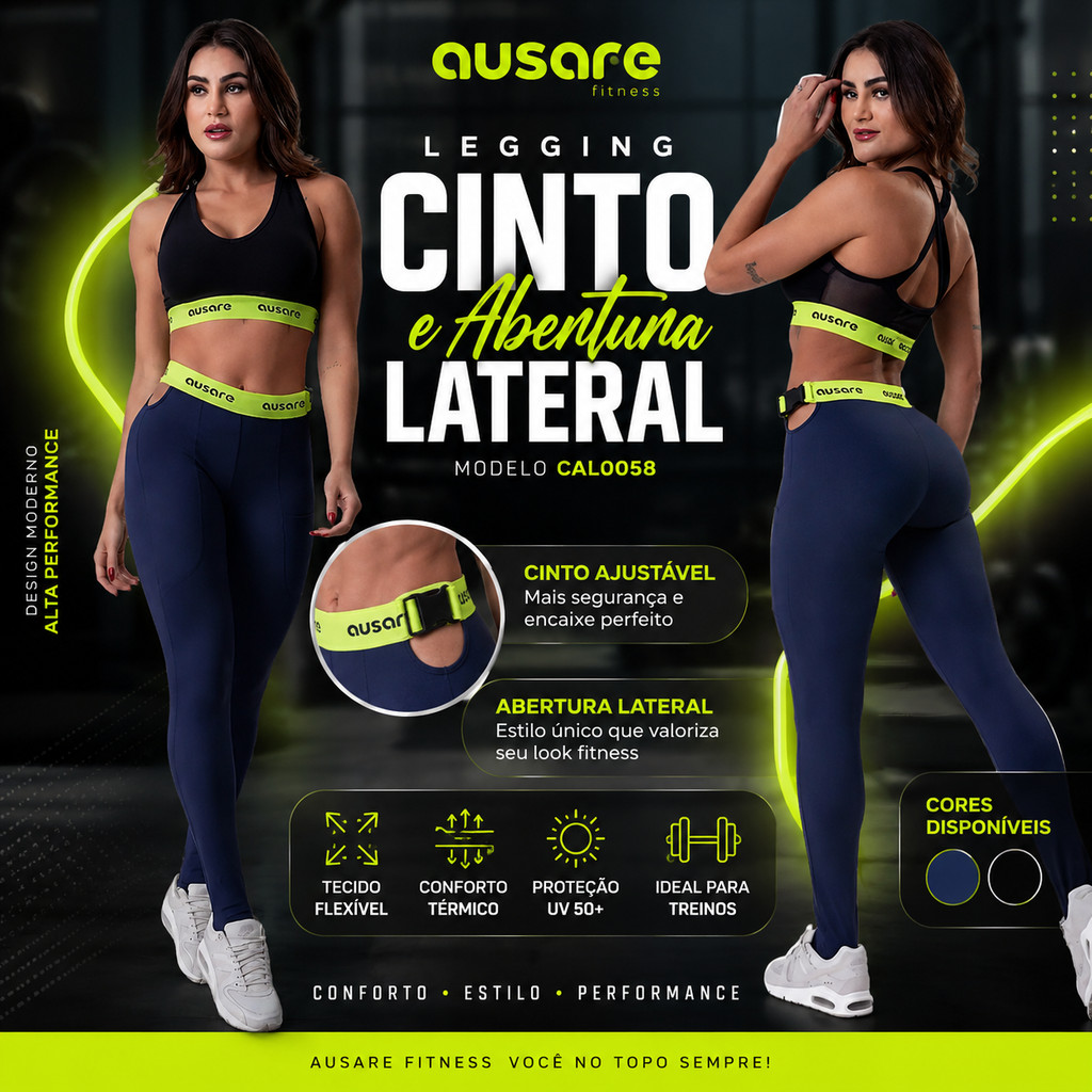 Legging Academia Ausare Cal0058 Cinto Ajustável Abertura Lateral Fit Feminina Treino Musculação Corrida Conforto Yoga