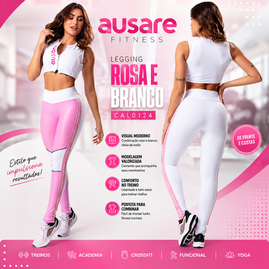 Legging Academia Feminina Ausare Rosa Branco CAL0124 Fitness Treinos Musculação Corrida Yoga Casual Cós Alto Confortável