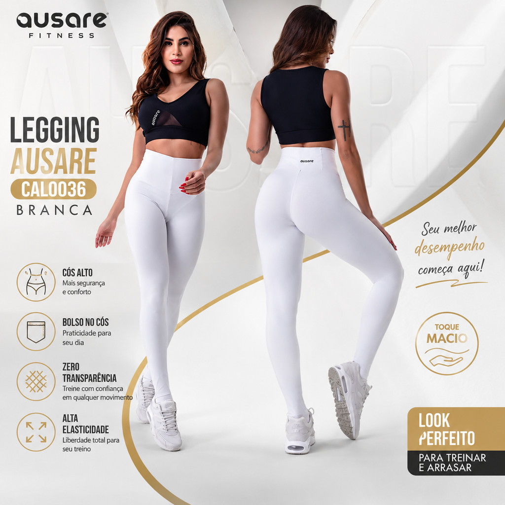 Calça Legging Feminina Ausare CAL0036 Branca Bolso no Cós Academia Fitness Treino Esportivo Confortável Casual Corrida