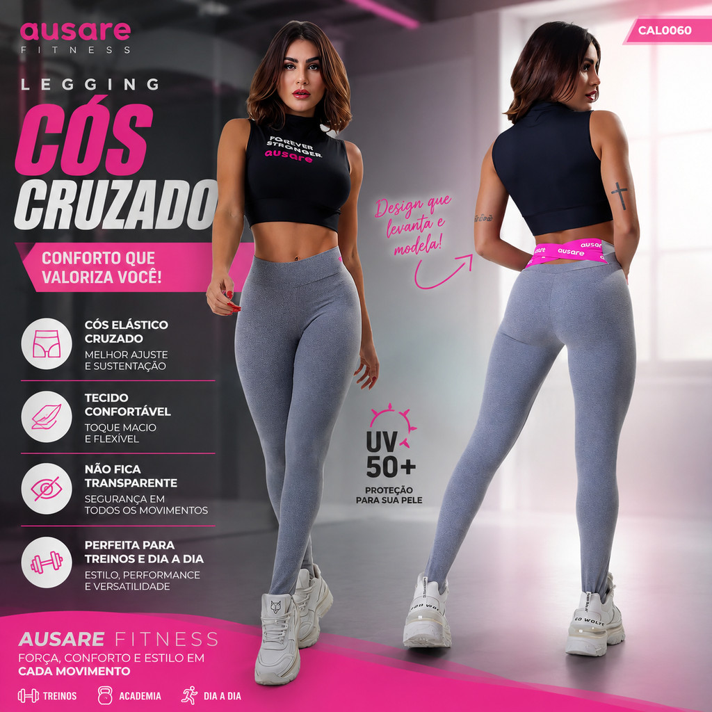Calça Legging Feminina Ausare CAL0060 Academia Fitness Cós Elástico Cruzado Confortável Treino Esporte Uso Casual Diário
