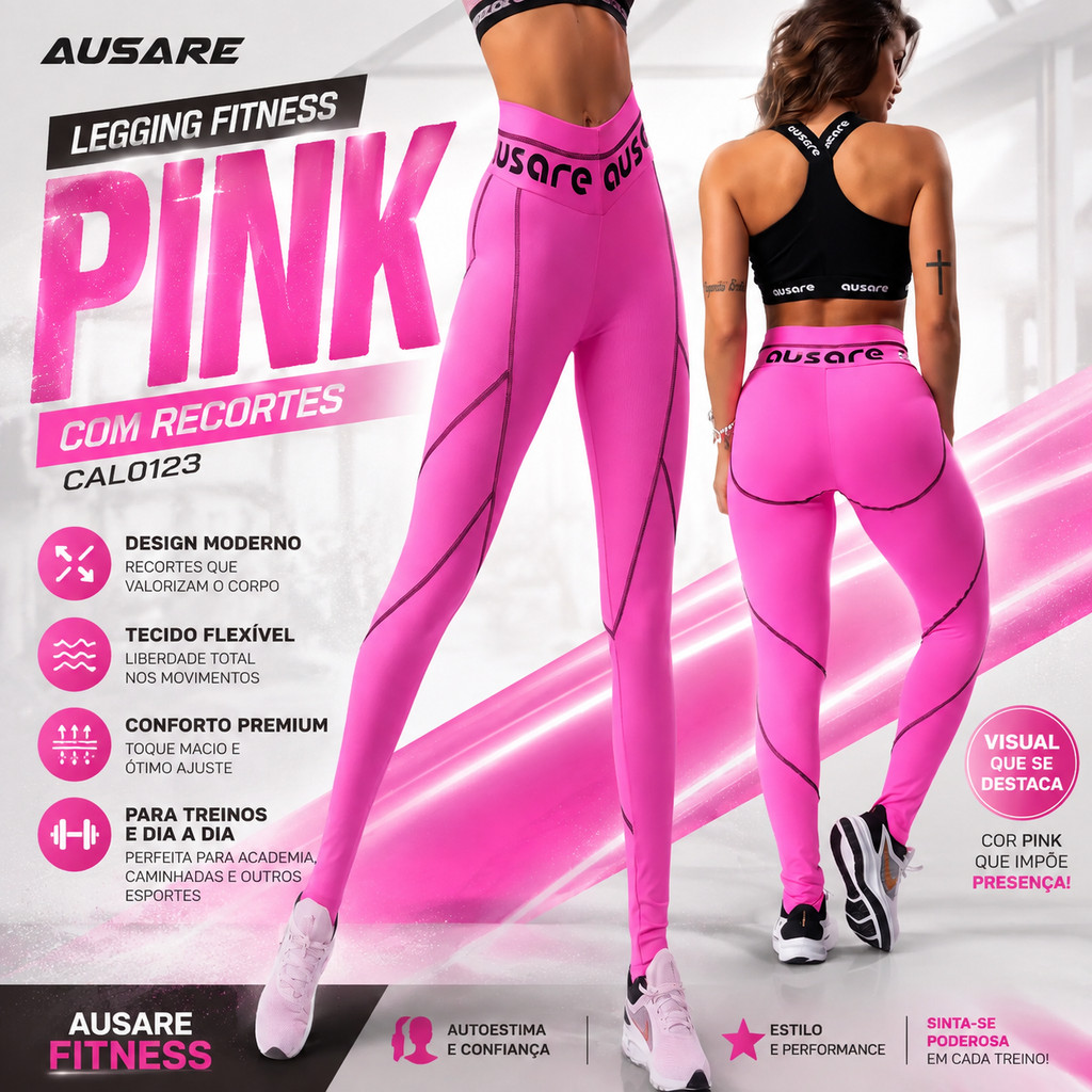 Calça Legging Feminina Ausare Pink Recortes Fitness Academia Treino Musculação Caminhada Casual CAL0123 Esporte Feminino
