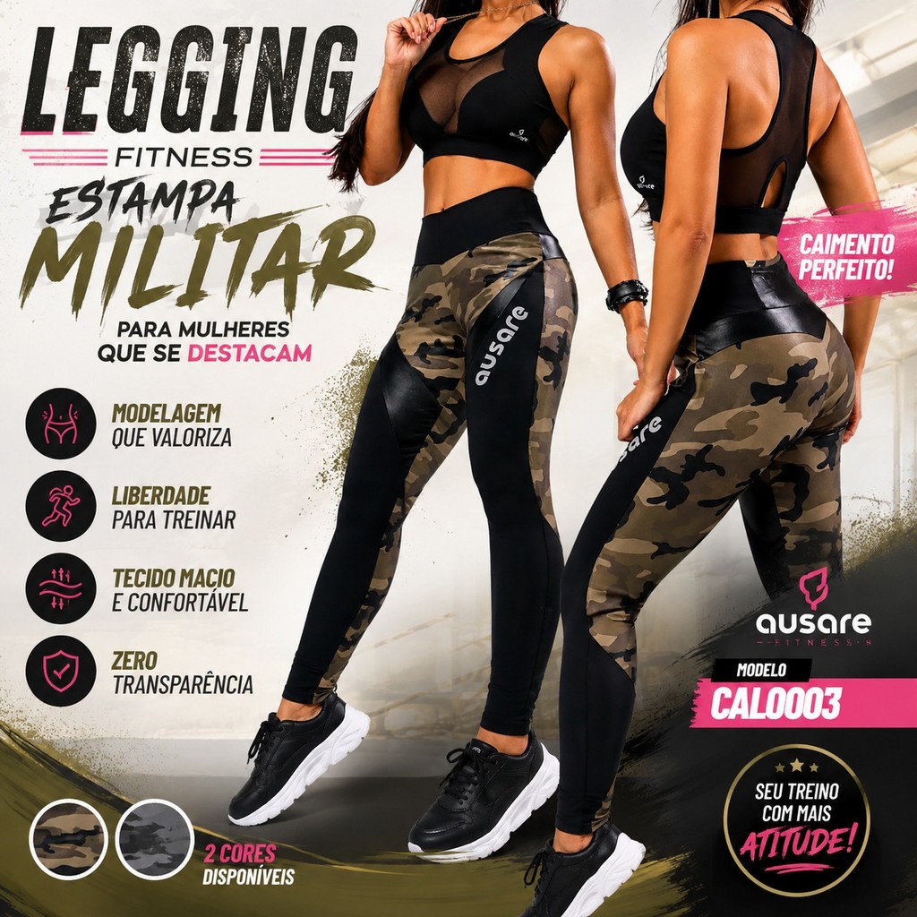 Calça Legging Feminina Ausare CAL0003 Estampa Militar Camuflada Fitness Para Academia Treino Corrida Caminhada Funcional