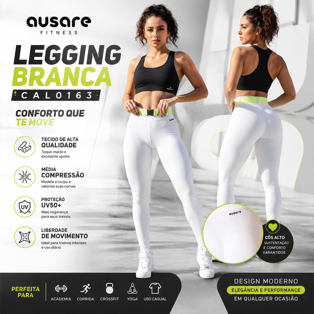 Calça Legging Feminina Academia Fitness Ausare CAL0163 Branca Treinos Musculação Corridas Conforto Mobilidades