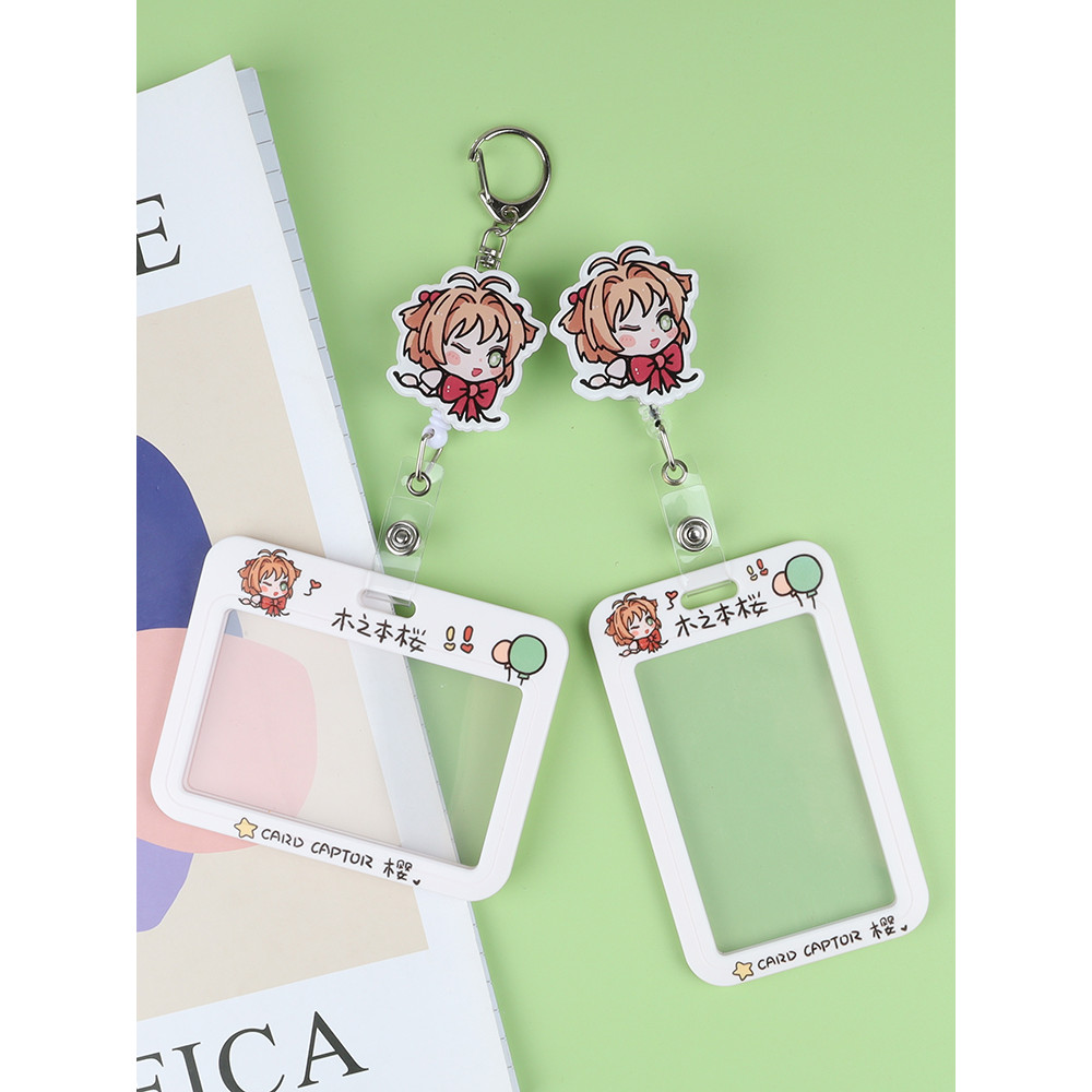 Cute Girl Heart Sakura Porta-cartões de trabalho Porta-identidade Dupla face transparente Horizontal desenho animado fem