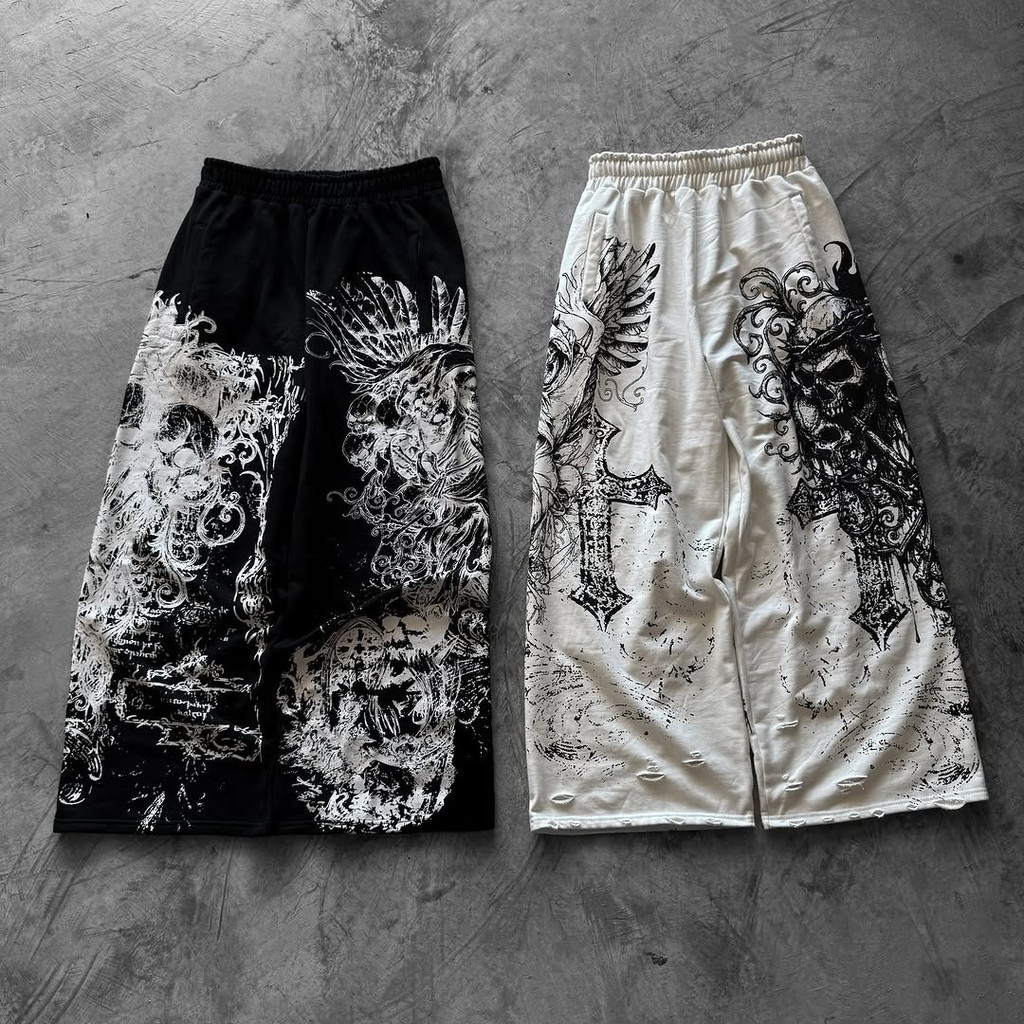 Calças Casuais Retrô Y2K com Estampa de Caveira Punk, Corte Reto, Oversized, Unissex, Moda Streetwear, Roupas Masculinas