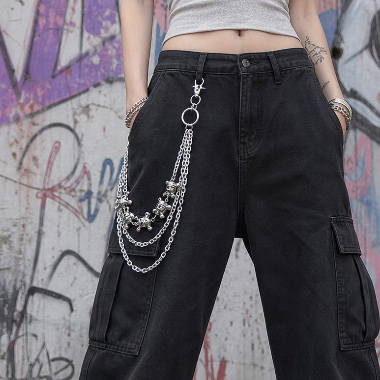 3 Camadas Crânio Charme Calças Corrente Prata Metal Cintura Punk Gótico Jean Hip Hop Rock Carteira Streetwear Jóias Aces