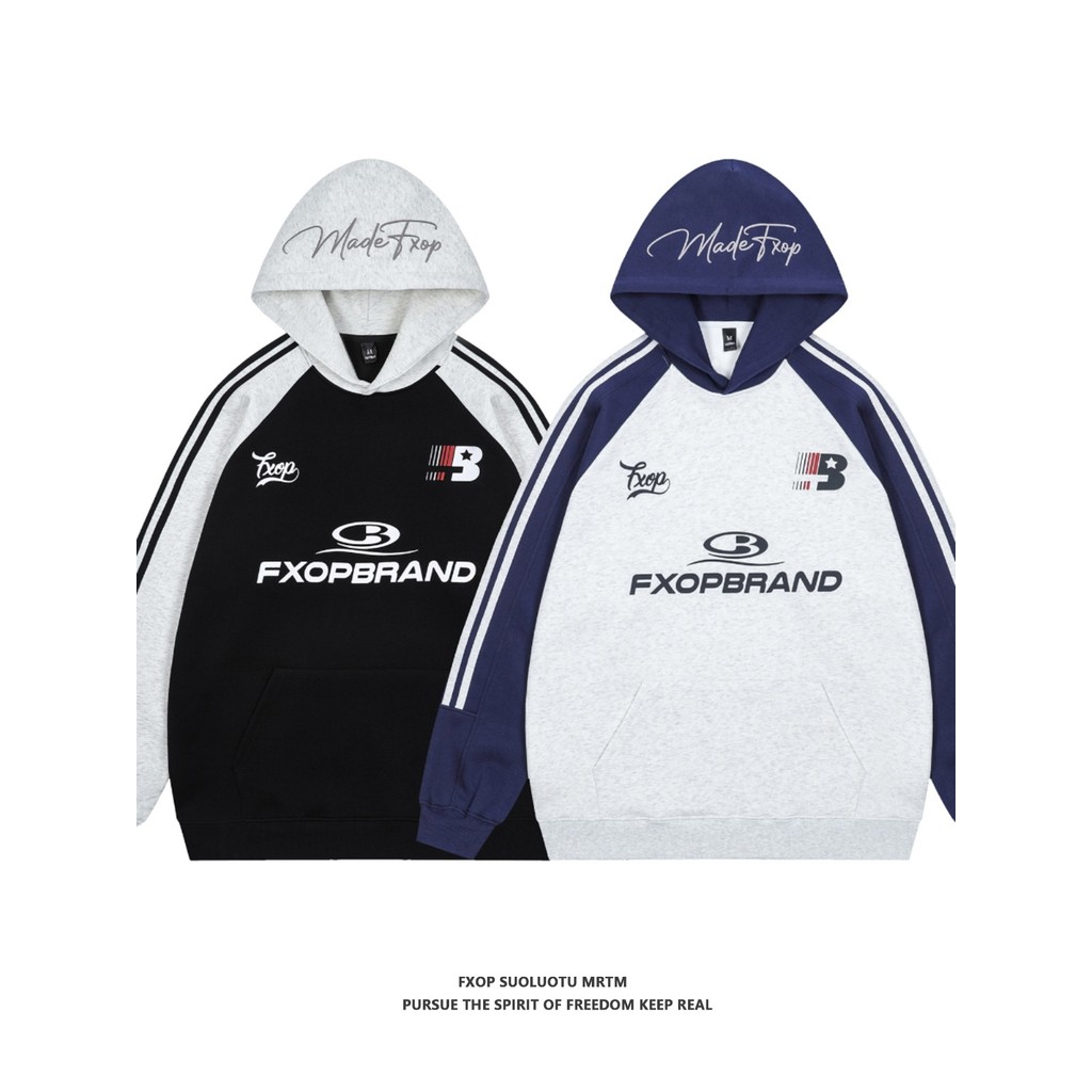 FXOP Nacional Trendy Estilo Americano Raglan Três Barras Bordado Moletom Com Capuz Masculino Primavera Outono Estilo Bon