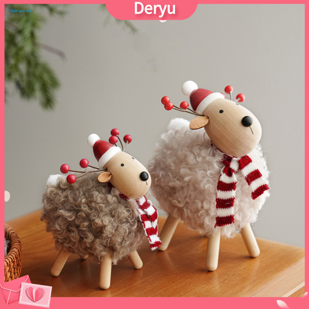Decorative Items for Entrances Wooden Lamb Ornaments Rustic Christmas Sheep Figurine with Scarf Santa Hat – Plush Flee