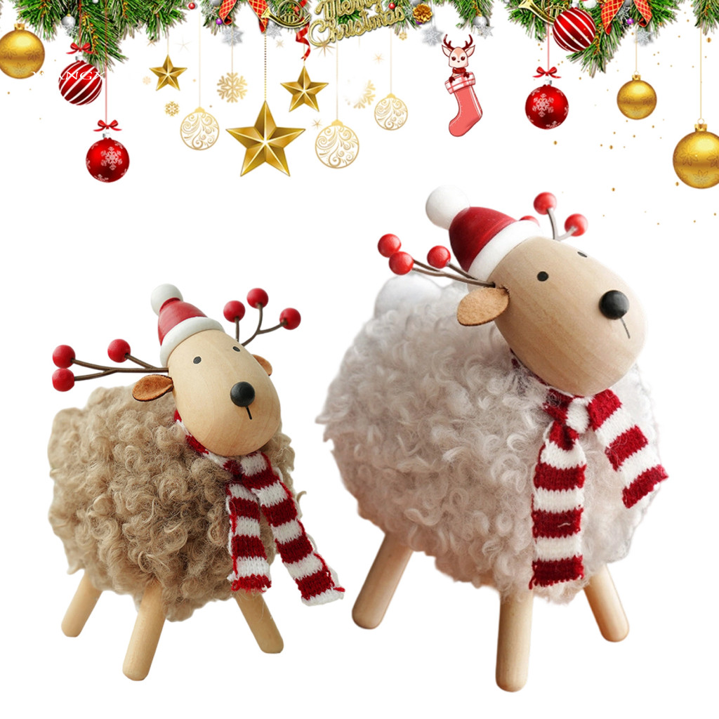 Wooden Lamb Ornaments Charming Shaped Crafts Rustic Christmas Sheep Figurine with Scarf Santa Hat – Plush Fleece Table