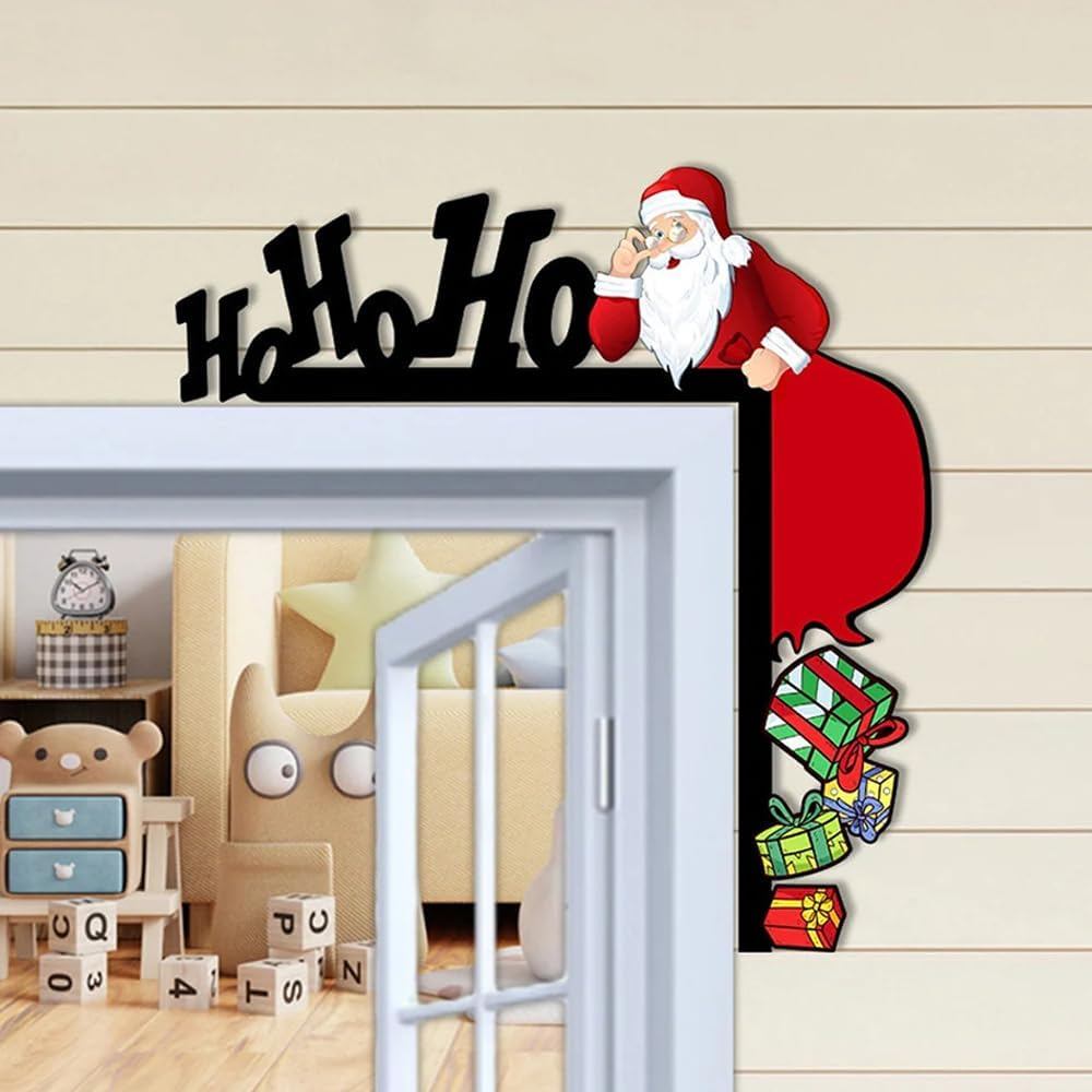 Christmas Door Topper Decoration Cute Santa Claus Wooden Door Corner Decor Christmas Door Frame Sign Decor for Winter Ho