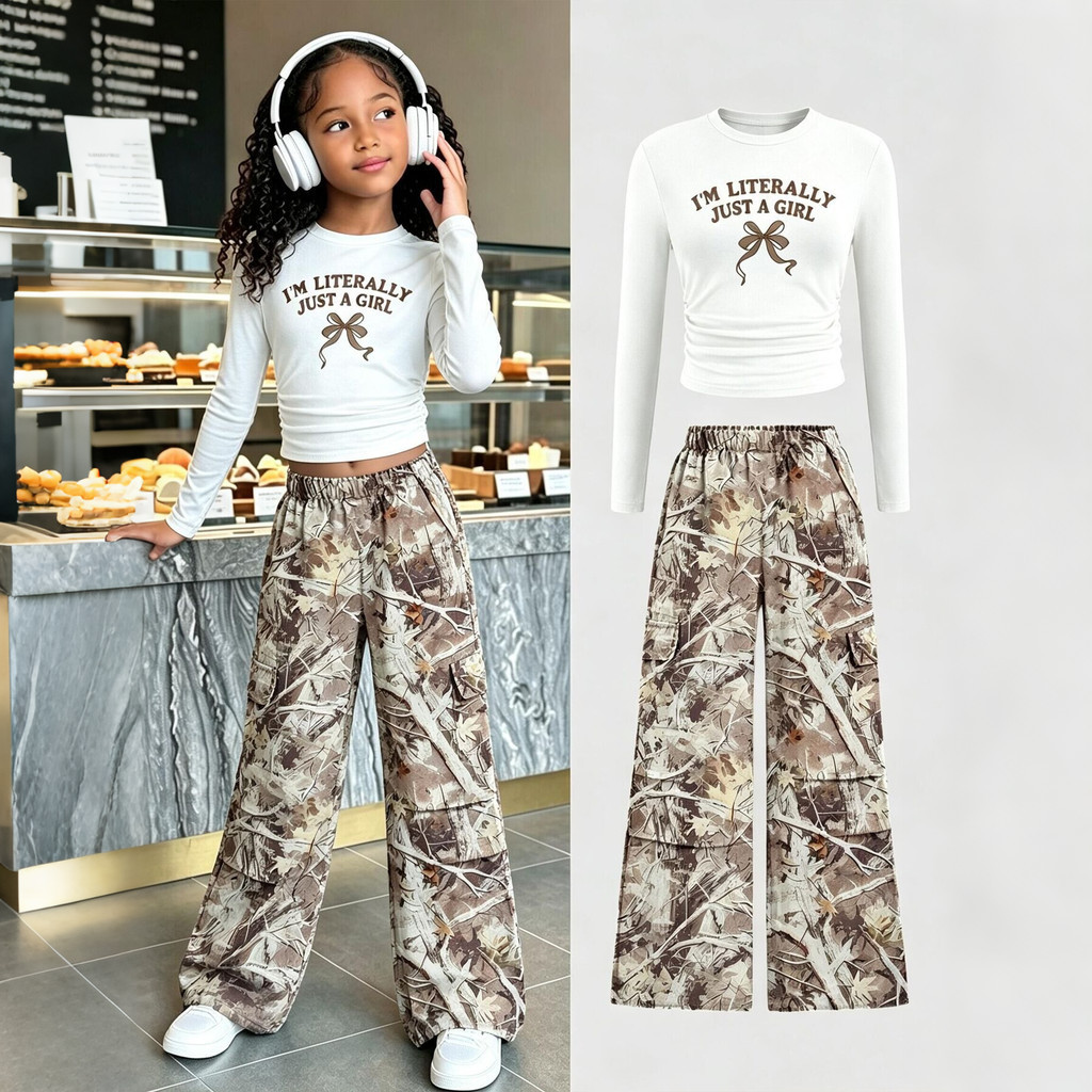 WFRV Legal Meninas Branco Manga Longa Camiseta Com Impressão Camo Calças De Perna Larga Conjunto Na Moda Streetwear Outf