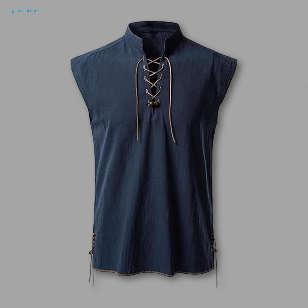 Men Fashion Sleeveless Top Solid Color Casual Shirt for Men's Band Collar Lace-up Vintage Streetwear Breathable Summer f