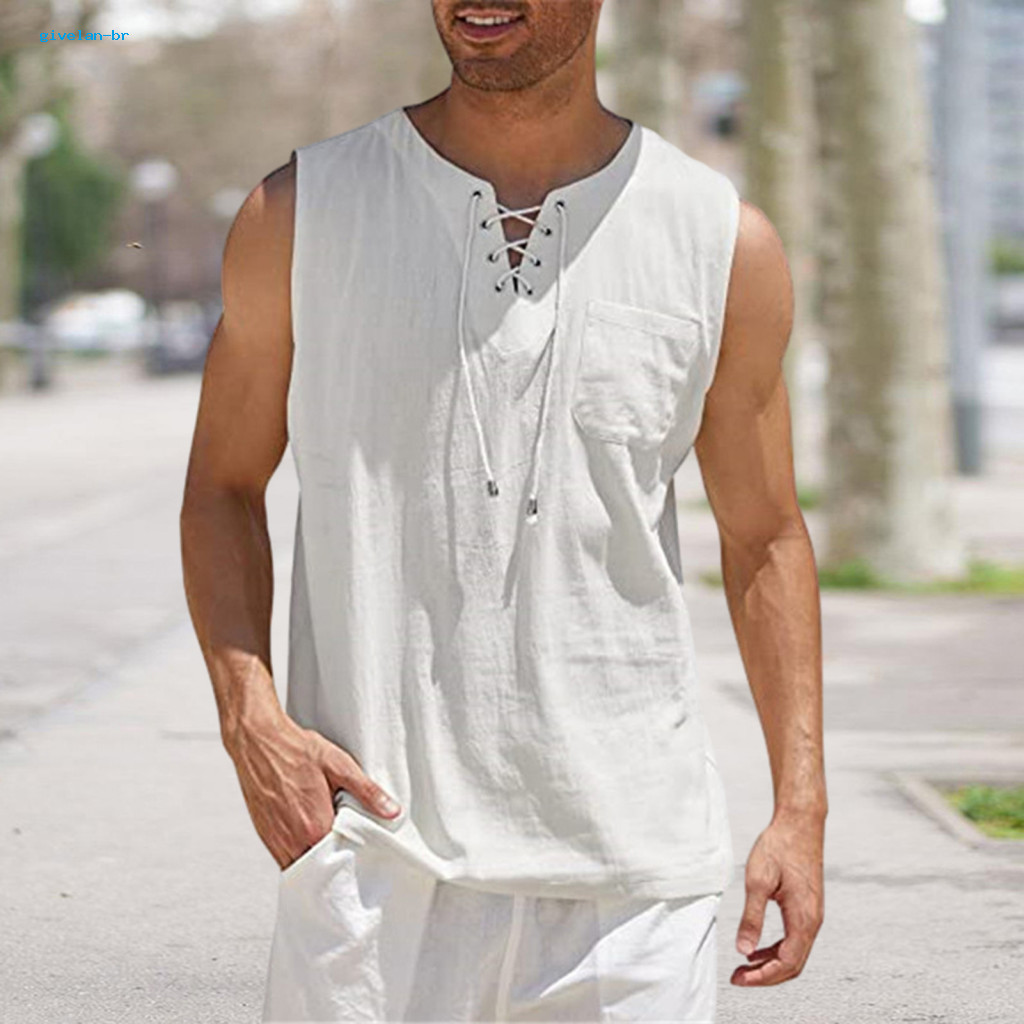 Men Polyester Top Comfortable and Light Men's Sleeveless V-neck Lace-up Casual Tank with Chest Pocket – Loose Fit Summ
