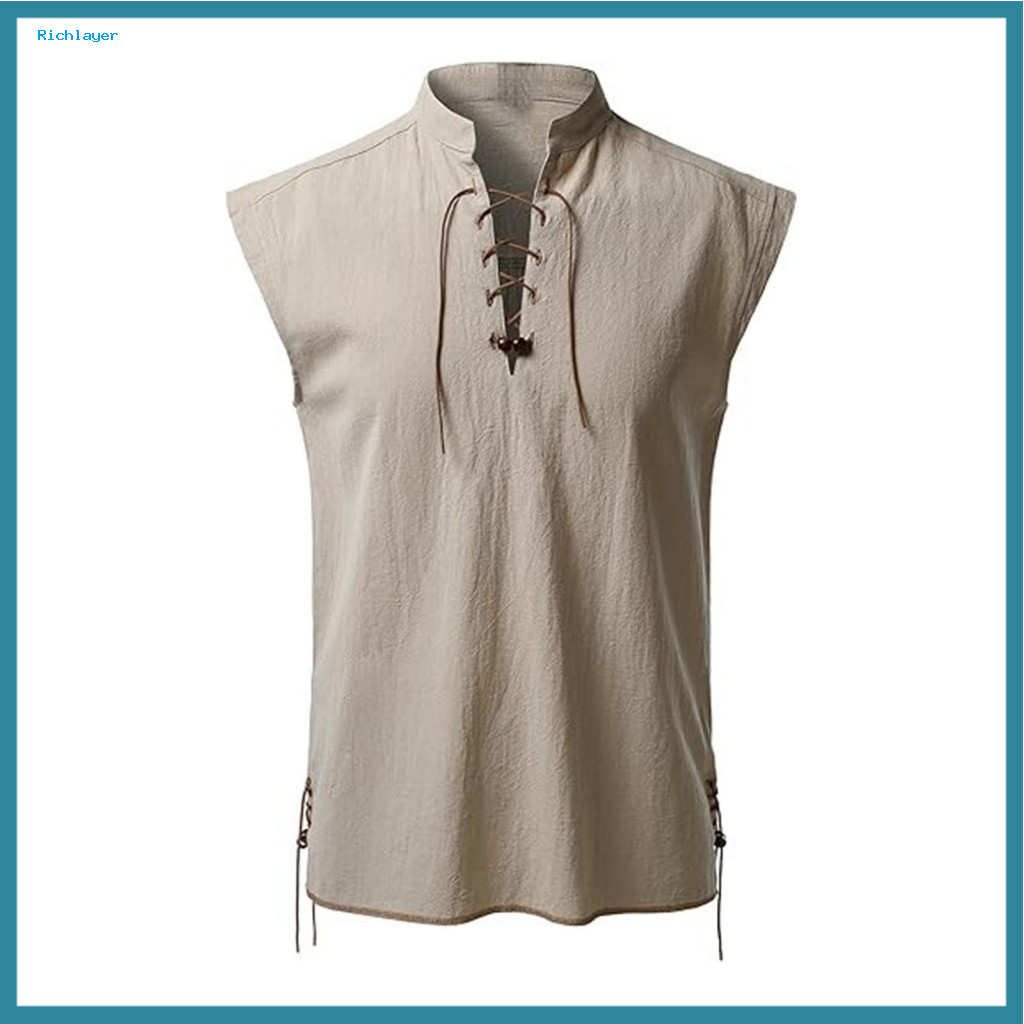 Men Solid Color Band Collar Top Casual Shirt for Men's Sleeveless Lace-up Vintage Streetwear Breathable for Beach