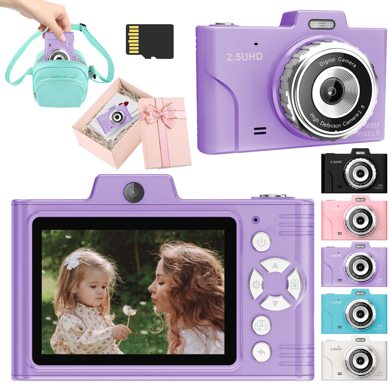 Câmera Digital Infantil com Dupla Configuração de Câmera 48MP de Fotos Vídeo HD 2.5K 8X de Zoom Tela de 2,8 Polegadas