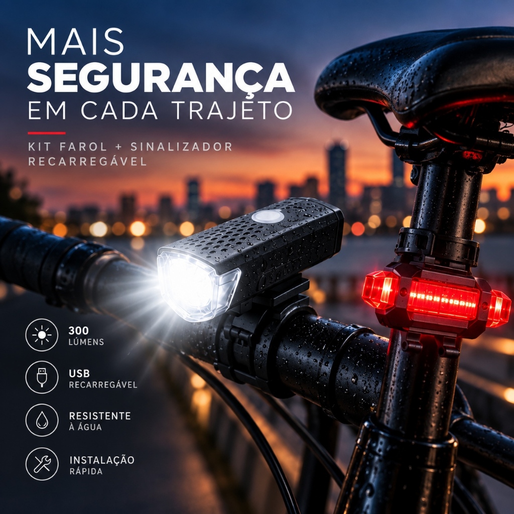 Kit Farol Bicicleta 300 Lumens + Sinalizador Traseiro LED Recarregável USB Resistente à Água