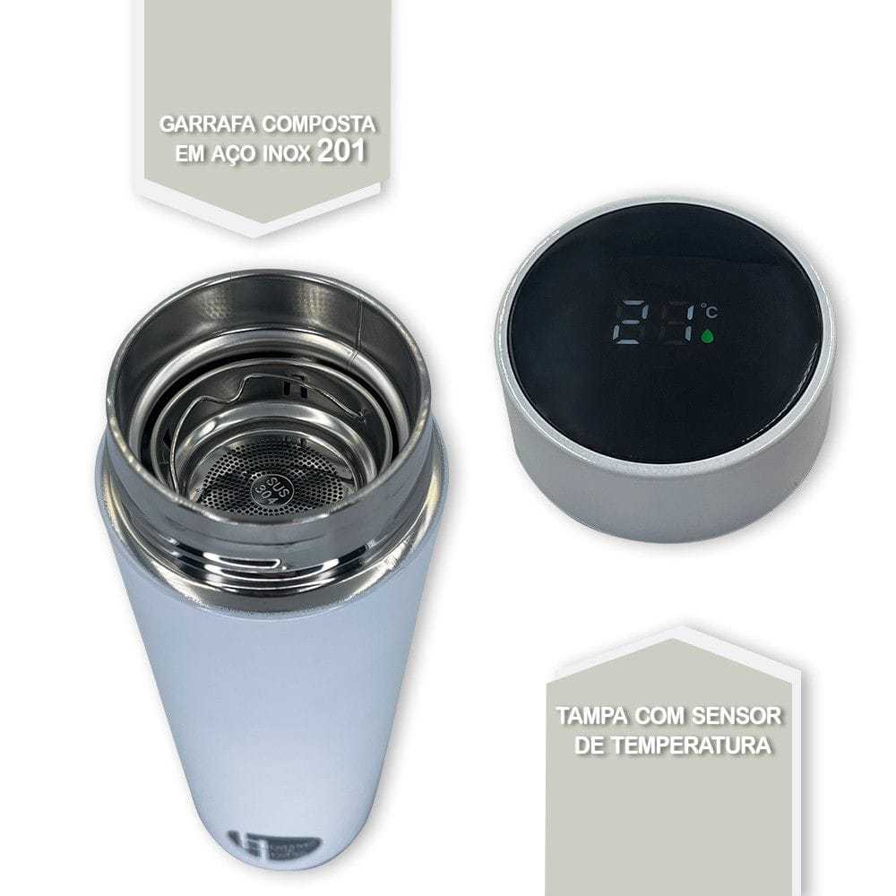 Garrafa isotermica inteligente em aço inox 500ml com led-Branco