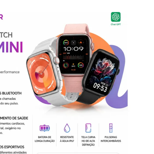 Smartwatch HW Mini 2 Feminino + 7 Pulseiras | Tela Touch | Bluetooth | Monitor Cardíaco | Android e iPhone
