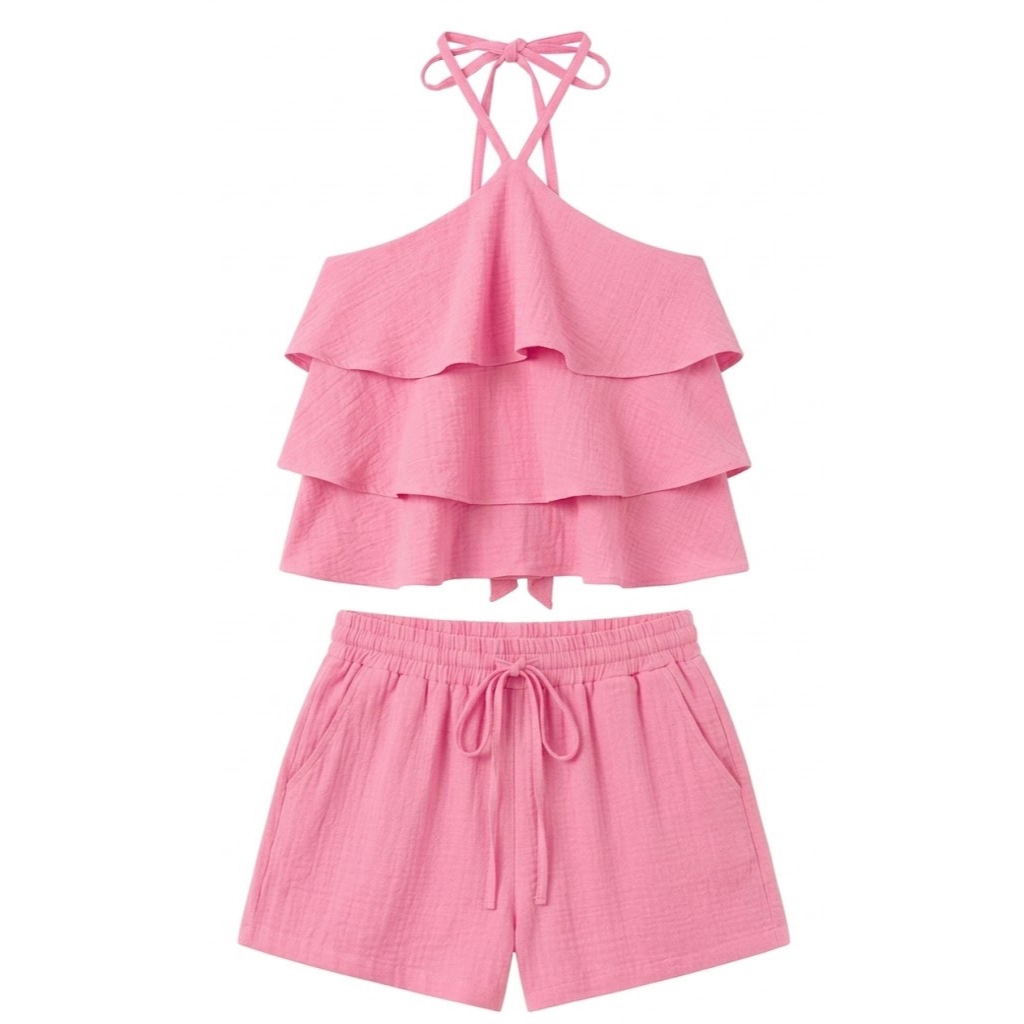 Conjunto Feminino Blusinha com Babados + Short Cintura Alta Moda Verão Casual Elegante