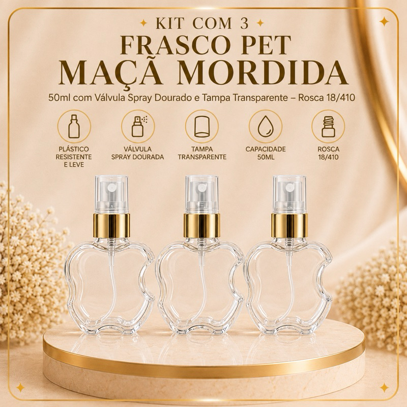 Kit com 3 Frascos Vazio PET Maçã Mordida 50ml com Válvula Spray Dourado e Tampa Transparente – Rosca 18/410