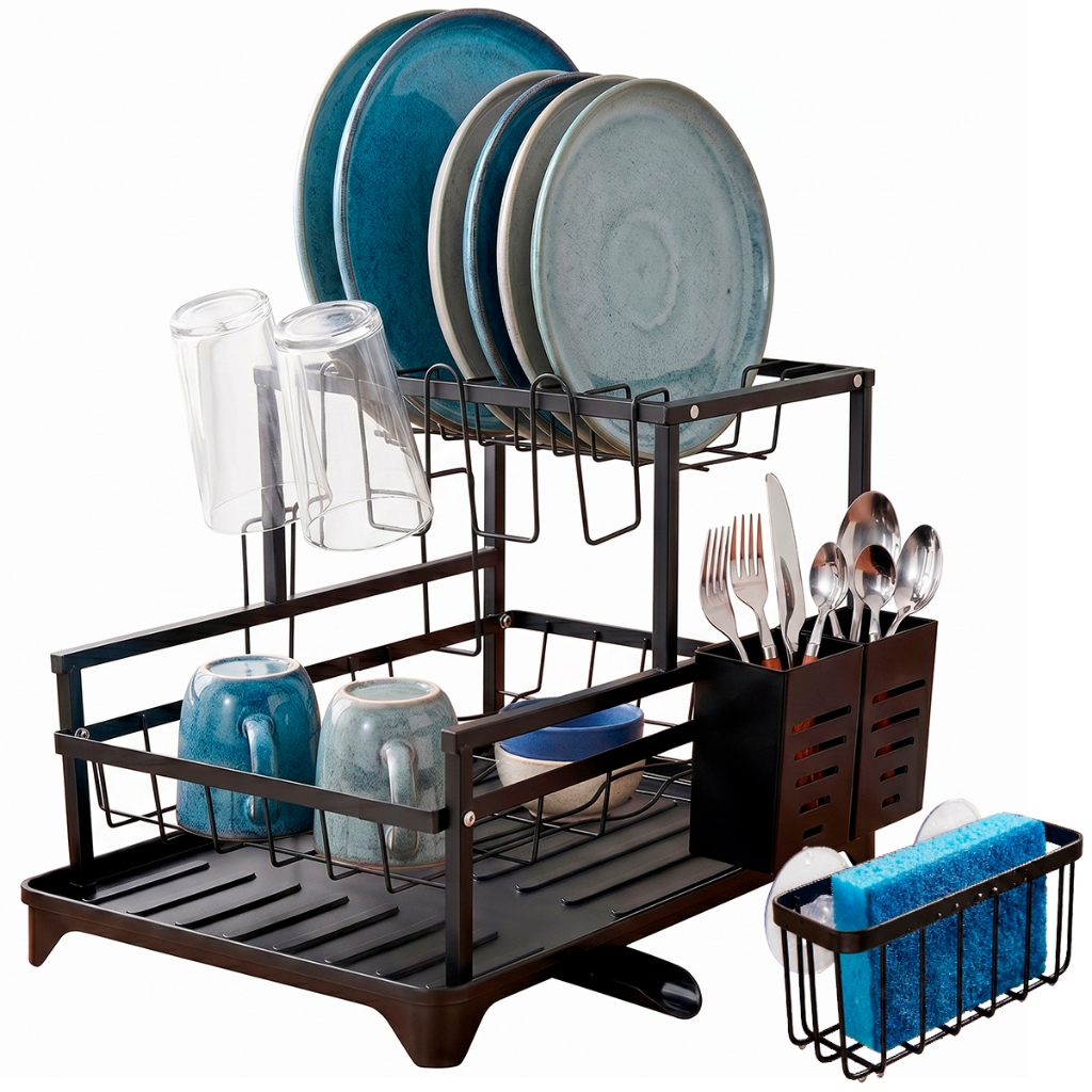 Kit Escorredor de Louça em Aço Inox 2 Andares com Bandeja 360° Porta Talheres e Porta Esponja Decolab