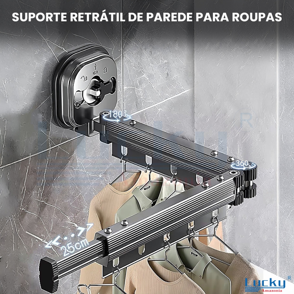 Cabideiro de Roupa Retrátil de Parede Varal Articulado Ventosa Suporte Retrátil 92cm  Rotação 360