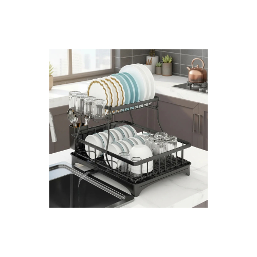 Escorredor Louça Aço Inox 360° Rotativo 2 Camadas Fácil Preto