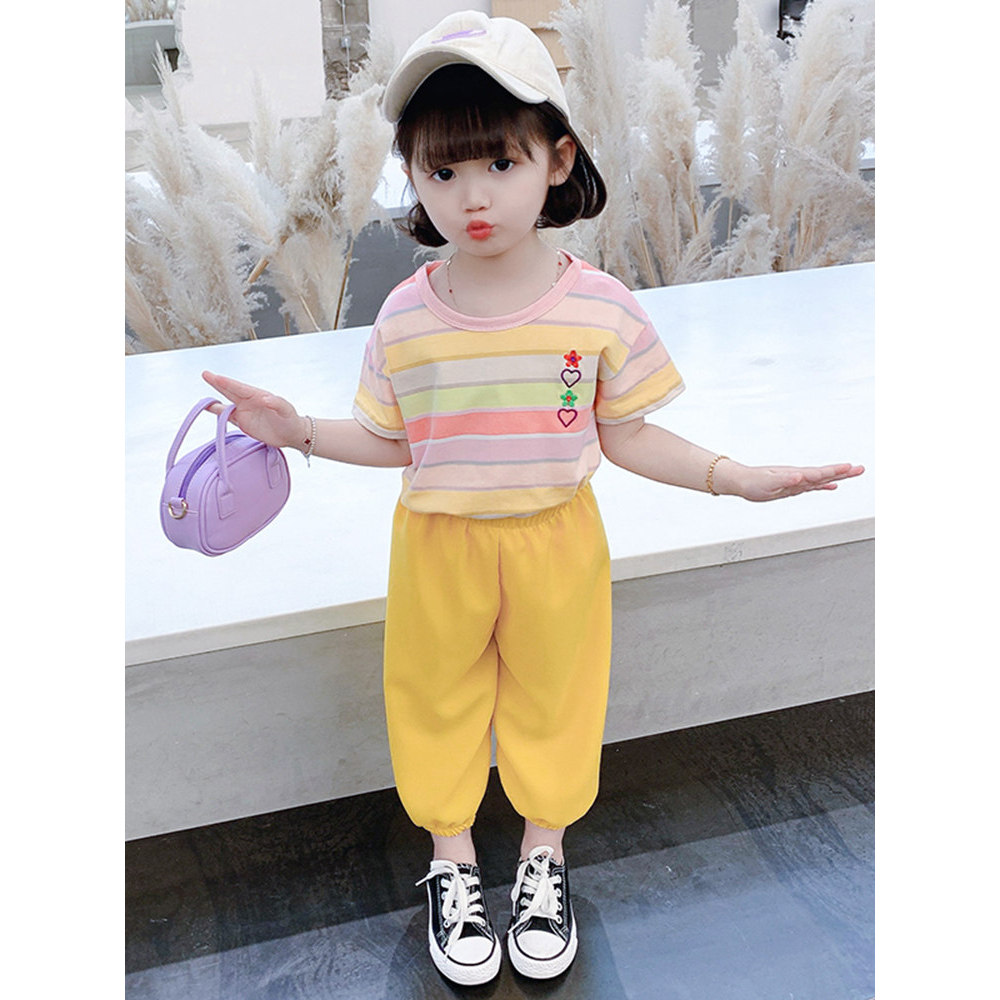 2026 novo estilo meninas verão manga curta camiseta conjunto verão crianças Casual bebê menina Chiffon Anti-Mosquito cal