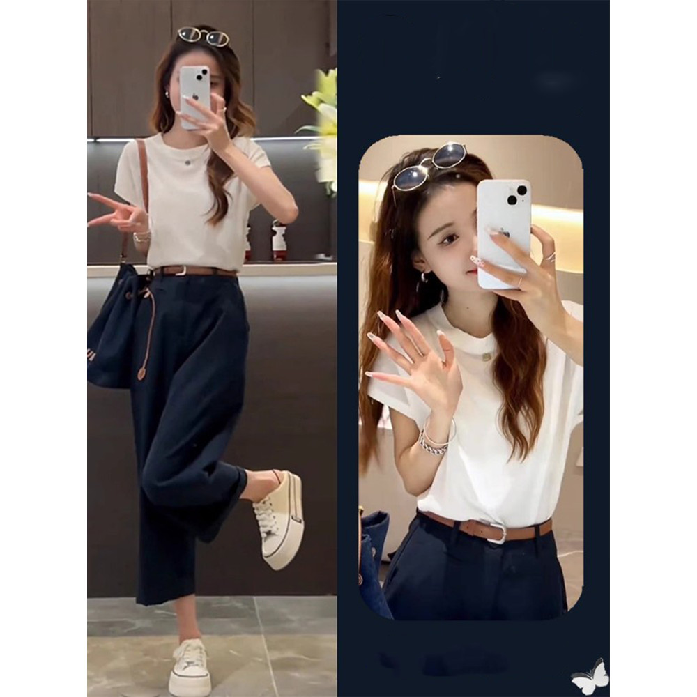 Vestido de verão combinando com um conjunto completo elegante cor sólida camiseta de manga curta cintura alta Casual cal