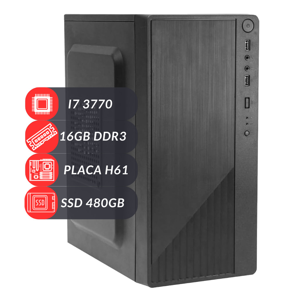 Computador Desktop PC CPU Intel I7 3770 Cooler Placa H61 16GB SSD 480GB Fonte 200W