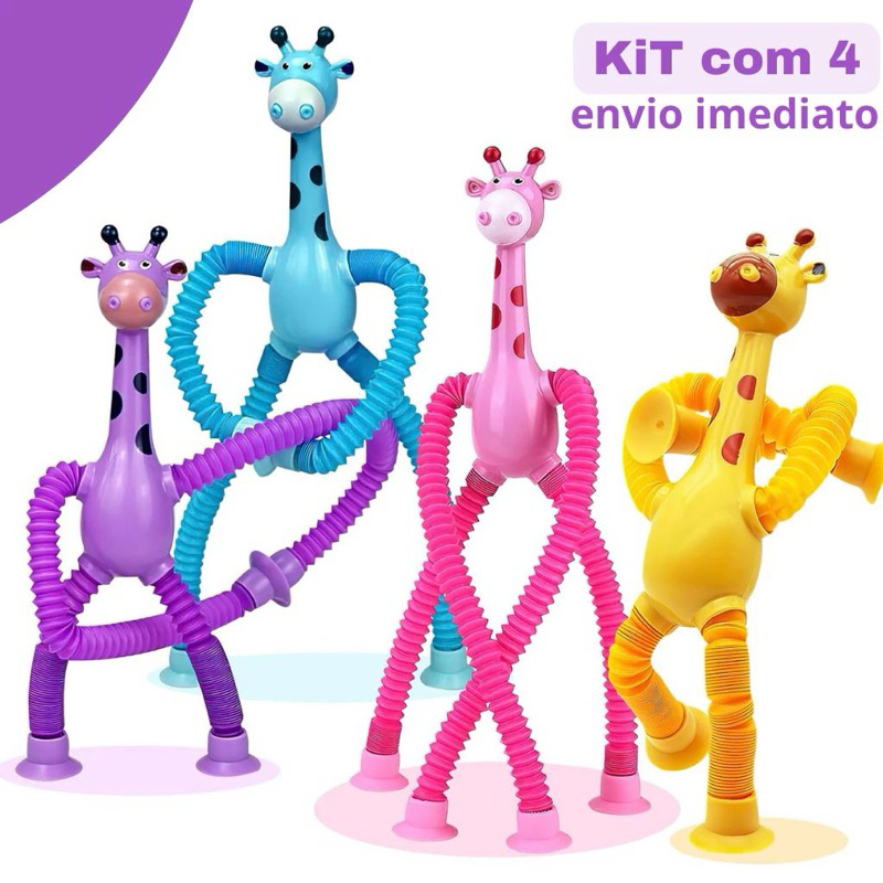 Kit 4 Girafas Sucção Pop Tube Luz Led com Ventosa Estica Brinquedo Infantil Anti Stress