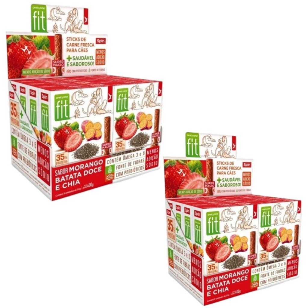 Produto Display Petiscos Para Cães Stick Fit Spin Pet - 50g - morango + batata doce+ chia 16un