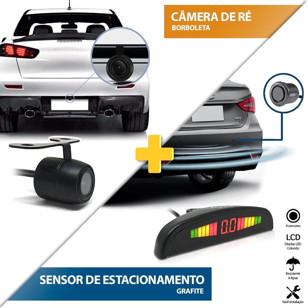 Kit Sensor de Ré Cinza + Câmera de Ré Traseira Spin 2012 2013 2014 Estacionamento Aviso Sonoro Display Medidor Distância Chumbo Grafite