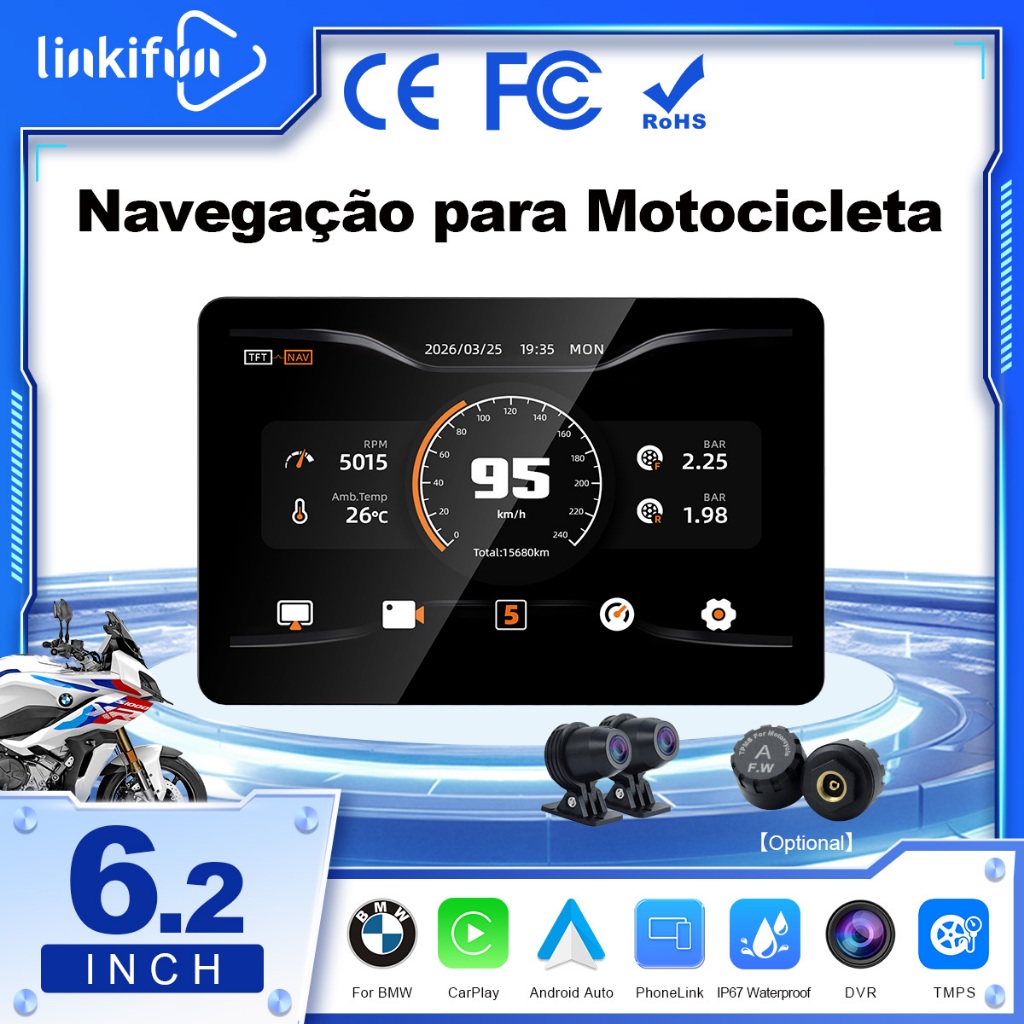 Linkifun MT13A Pro DVR Tela Moto 6,2'', CarPlay/Android Auto sem fio, Wonder Wheel, DVR 1080P, TPMS opc.
